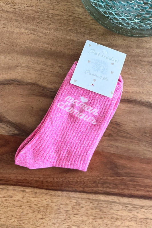 Chaussettes pailletées "Maman d'amour" - Rose