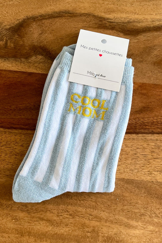 Chaussettes pailletées "Cool Mom" - Blanc & Bleu clair