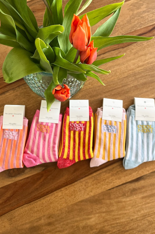Chaussettes pailletées "Cool Mom" - Blanc & Bleu clair
