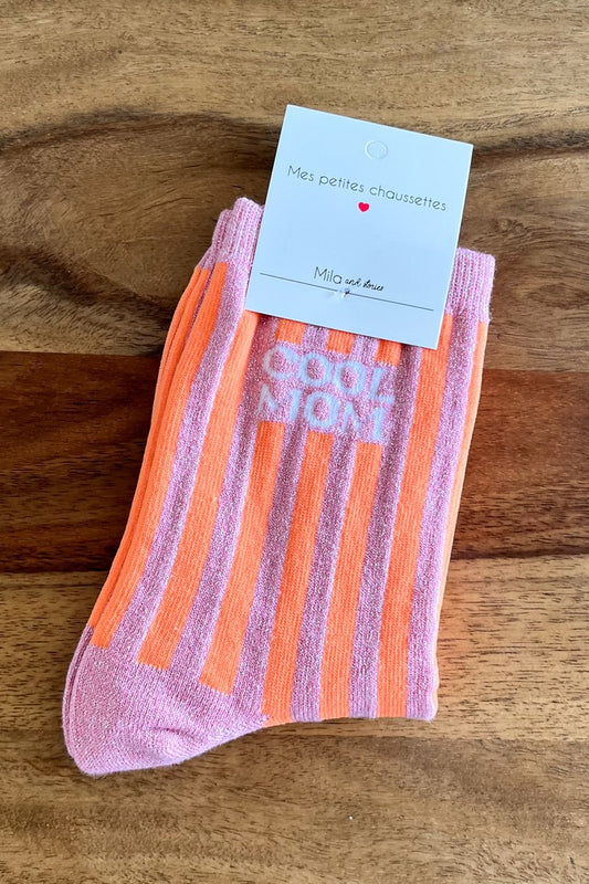 Chaussettes pailletées "Cool Mom" - Orange & Rose