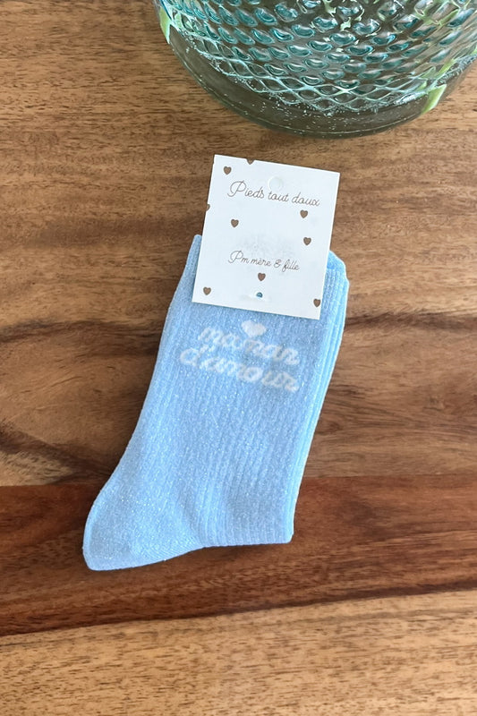 Chaussettes pailletées "Maman d'amour" - Bleu ciel