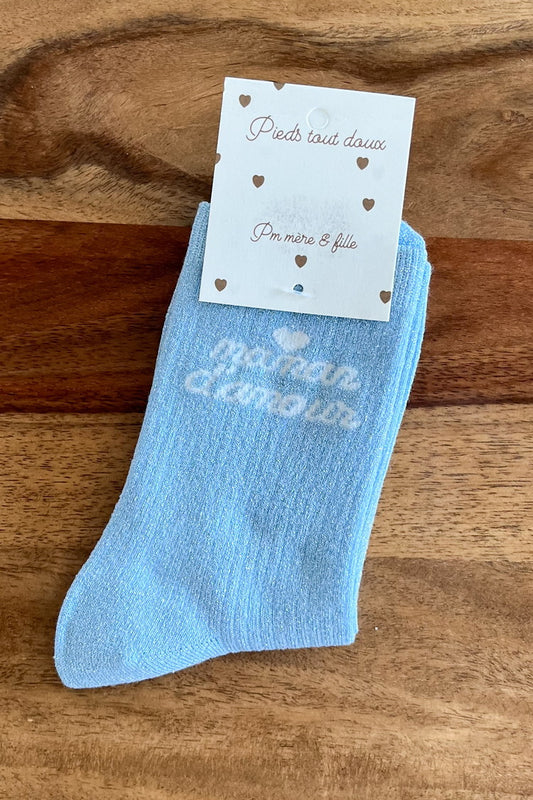 Chaussettes pailletées "Maman d'amour" - Bleu ciel