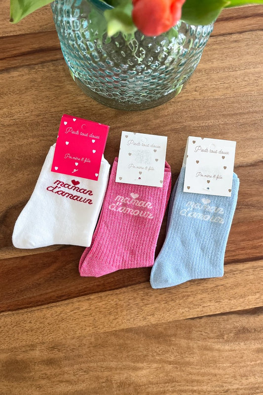 Chaussettes pailletées "Maman d'amour" - Rose