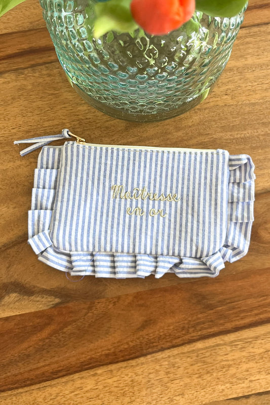 Pochette "Maîtresse en or" rayée bleu & blanc