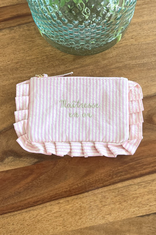Pochette "Maîtresse en or" rayée rose & blanc