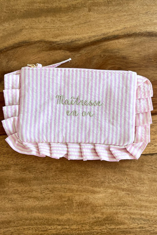 Pochette "Maîtresse en or" rayée rose & blanc